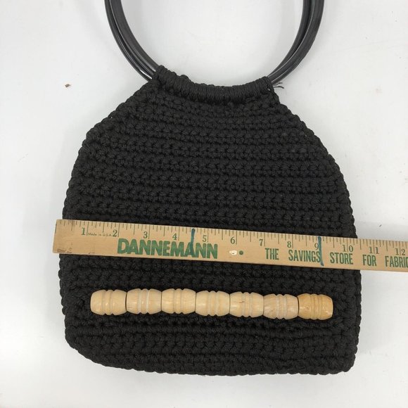 VTG 70s Black Macrame Purse Bag Round Handles Wood Beads Boho Handmade Retro - Picture 7 of 11